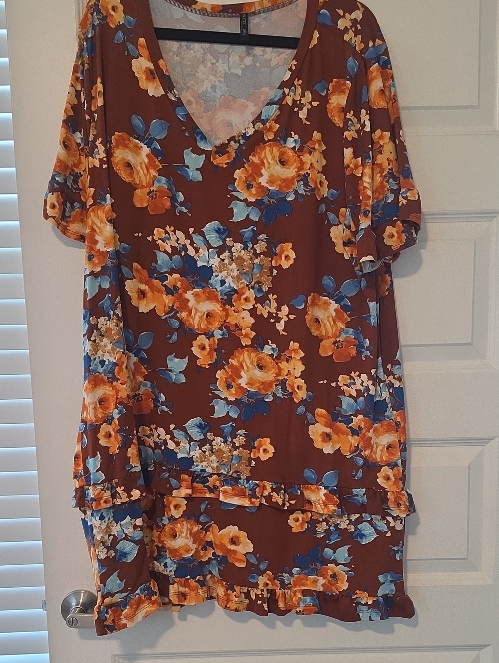 Glitzy Girlz Brown And Blue Floral V-Neck Women’s Top with Ruffle Hem